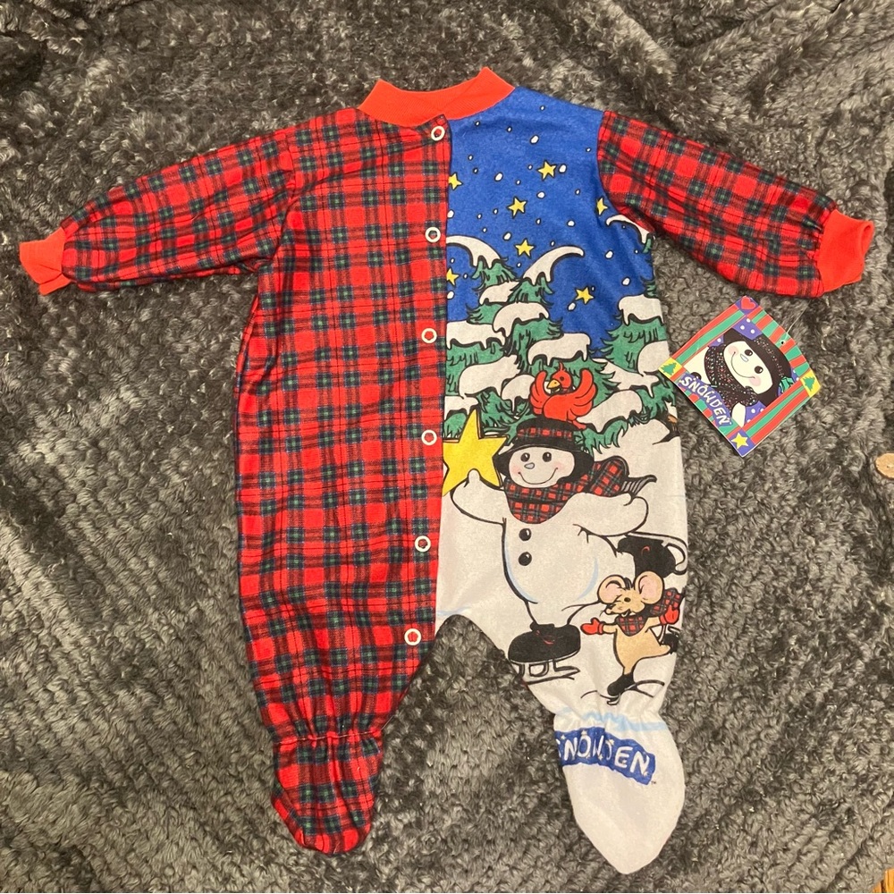 VTG 90s Snowden the Snowman footed 
one-piece red plaid (tartan) sleeper 3m‎ NWT